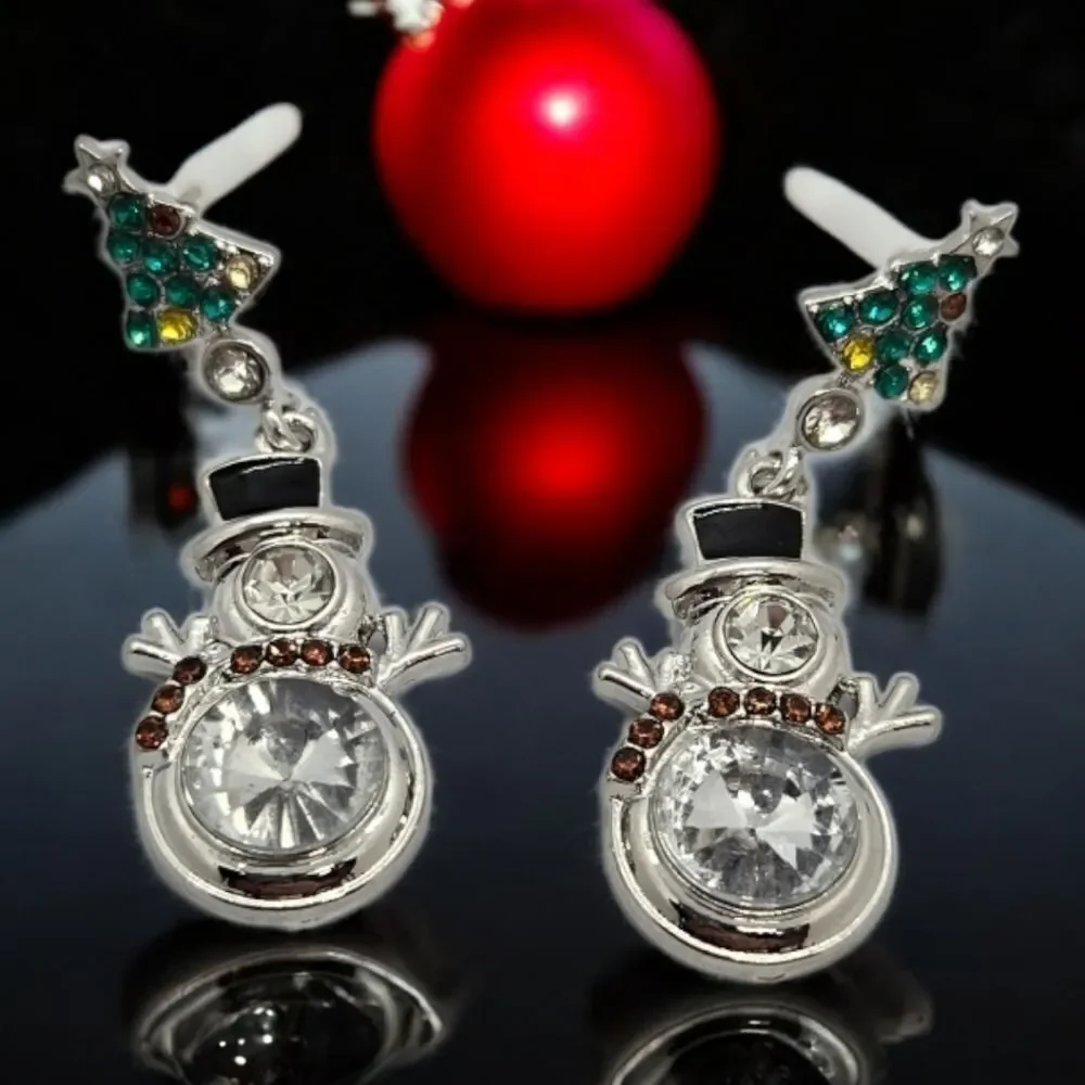 Snowman ☃️ Rhinestone Christmas Tree Earrings Dangle Drop Pierced Ears Jewelry